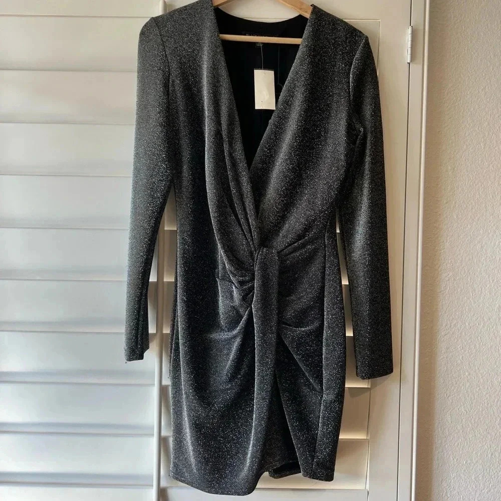 BLACK HALO NWT Lara Deep Plunge Mini Dress Metallic Tinker Bell 4 - Picture 5 of 9